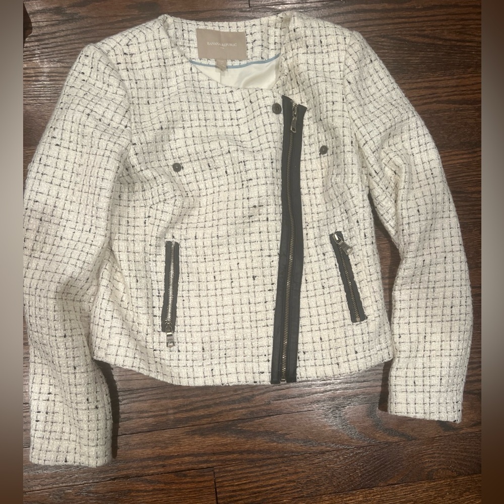 Banana Republic Women Jacket Size 2P White & Gold Metallic Thread Moto Style